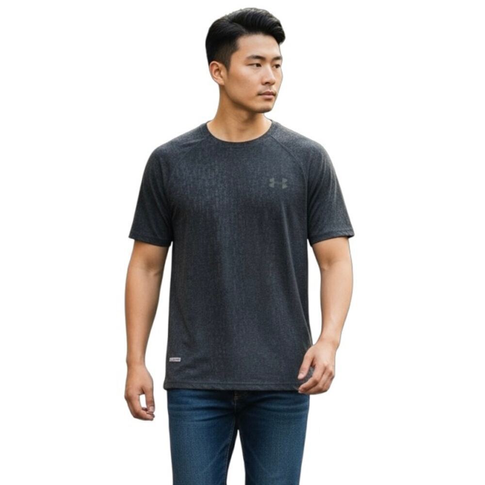 Under Armour Mens HeatGear Tech Athletic Tee Shirt M Gray Patterned Short Sleeve